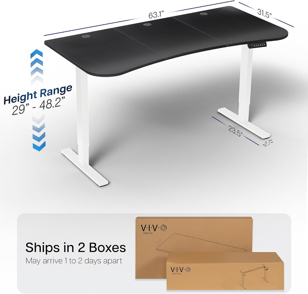 VIVO Electric 63 x 32 in Standing Desk, Memory Height Adjustment, 1B Series, Holds 220 lbs, Black Carbon Fiber Top White Frame, DESK-KIT-1W1R