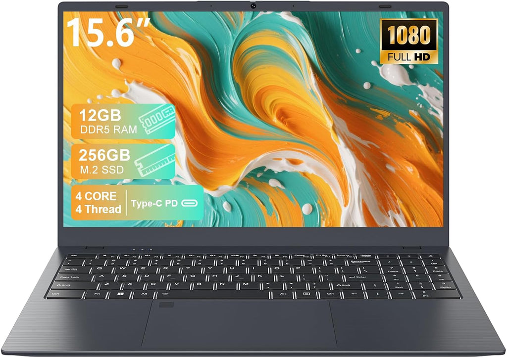 Laptop Computer, 15.6' FHD IPS Display, N95 Processor (Beat N5095), 12GB High-Speed DDR5 RAM 256GB SSD, WiFi 6 BT 5.3, Fingerprint , Backlit Keyboard, Lightweight Notebook for Business Student Office