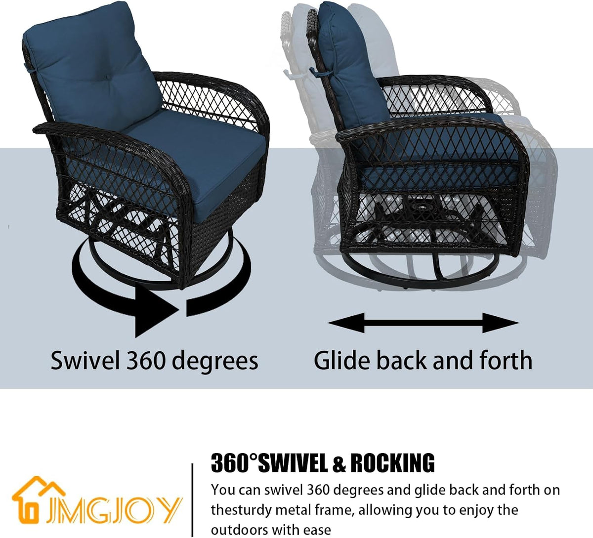 Outdoor Swivel Rocker Patio Chairs with Cushions，Outdoor Swivel Rocking Chairs Set of 2 with Rattan Side Table，360 Degree Swivel Seat Patio Furniture Set for Outside Porch Deck，3 Pieces