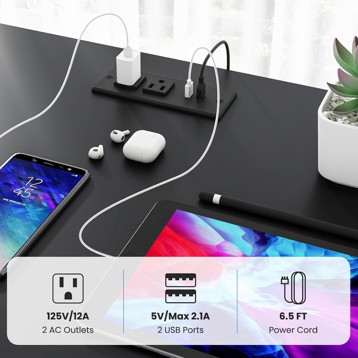 Tangkula 2-Person Reversible Computer Desk with LED Lights, 94.5' Long Office Desk with Power Outlets, Monitor Stand, Keyboard Tray & 2 Storage Shelves, Double Desk for Gaming Working Writing (Black)