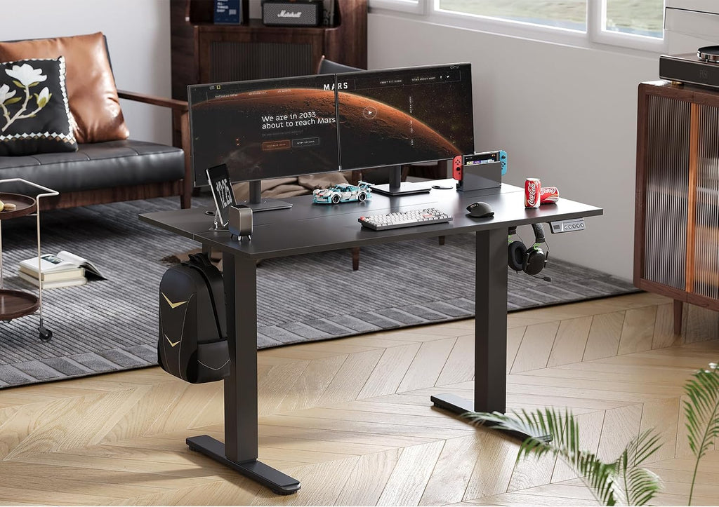 Seang Electric Standing Desk Adjustable Height, 55 x 24 Inch Sit Stand Desk with T-Shaped Frame, 3 Memory Presets & Cable Management for Home Office Computer Workstation, Black Frame/Black Top