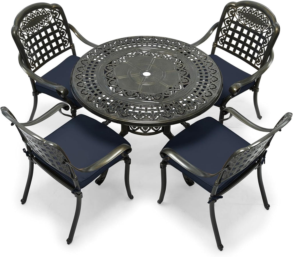 VIVIJASON 5-Piece Patio Furniture Dining Set, All-Weather Cast Aluminum Outdoor Conversation Set, Include 4 Cushioned Chairs and 1 Round Table w/Umbrella Hole for Balcony, Backyard, Navy Blue Cushion