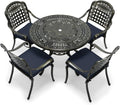 VIVIJASON 5-Piece Patio Furniture Dining Set, All-Weather Cast Aluminum Outdoor Conversation Set, Include 4 Cushioned Chairs and 1 Round Table w/Umbrella Hole for Balcony, Backyard, Navy Blue Cushion