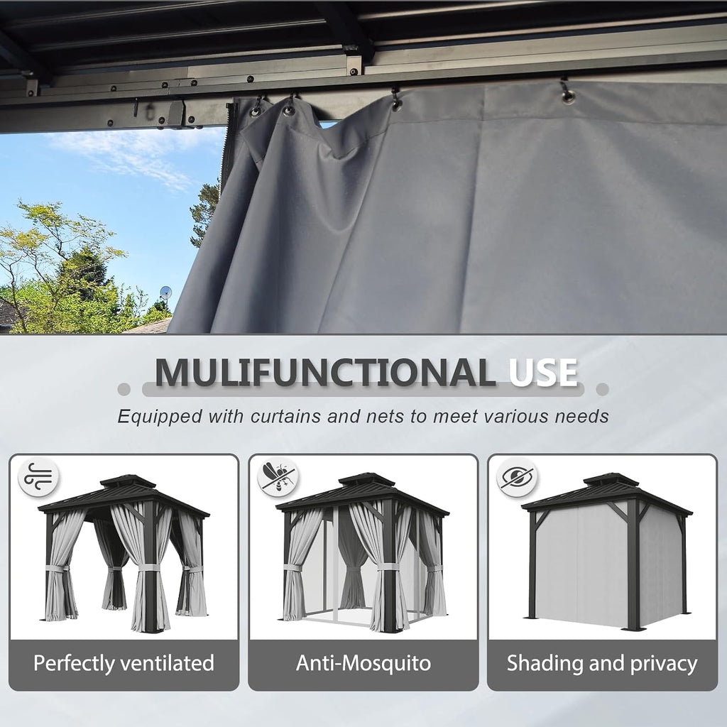 Aoxun 8 FTx 8FT Hardtop Gazebo with Double Galvanized Steel Roof, Outdoor Pavilion with Breathable Netting & Privacy Curtain for Backyard, Patio - Versatile for Family Gatherings, Carport (Gray)
