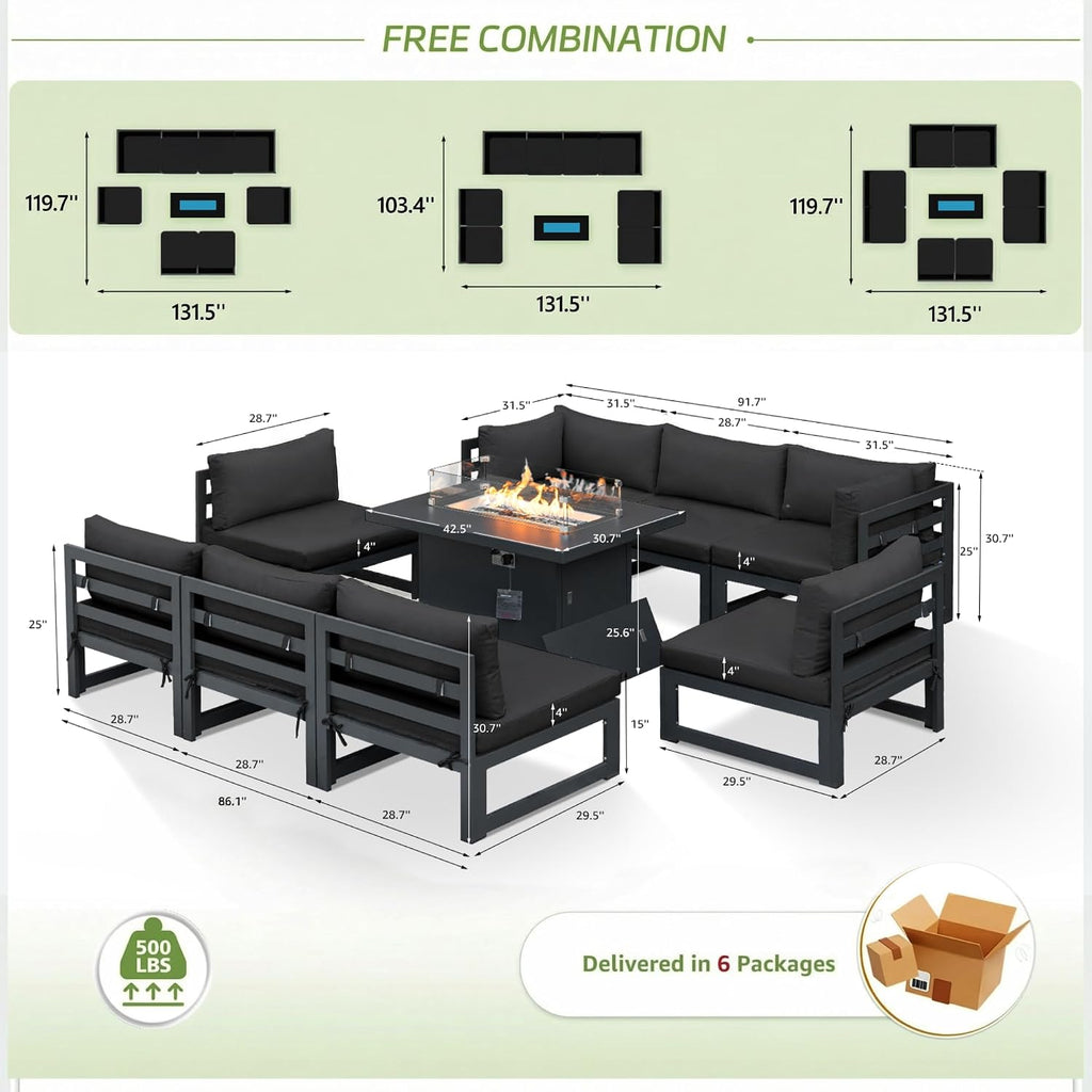 RADIATA 9 Piece Modern Aluminum Patio Furniture Set with Fire Pit Table, 500 lbs Heavy Duty Outdoor Sectional Sofa, 29' Deep Wide Oversize Seating Conversation Couch for Garden Exterior, Dark Gray