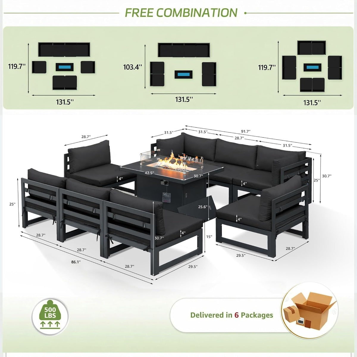 RADIATA 9 Piece Modern Aluminum Patio Furniture Set with Fire Pit Table, 500 lbs Heavy Duty Outdoor Sectional Sofa, 29' Deep Wide Oversize Seating Conversation Couch for Garden Exterior, Dark Gray
