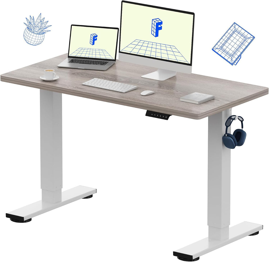 FLEXISPOT EN1 One-Piece Standing Desk with 1-Inch Thick Seamless Desktop, 48'x24' Electric Height Adjustable Desk for Home Office, Multi-Monitor Setups & Easy Assembly, Gray Wood