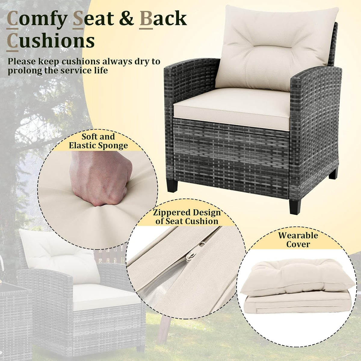 HAPPYGRILL 3 Pieces Patio Conversation Set PE Rattan Outdoor Furniture Sofa Set with Removable Cushion, PE Wicker Chairs with Tempered Glass Side Table for Porch Lawn Garden Balcony Backyard