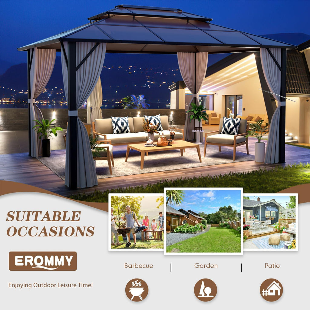 EROMMY 10' x 13' Gazebo Polycarbonate Double Roof Canopy Outdoor Aluminum Frame Pergola, Permanent Pavilion with Netting and Curtains for Garden Patio Lawns Parties