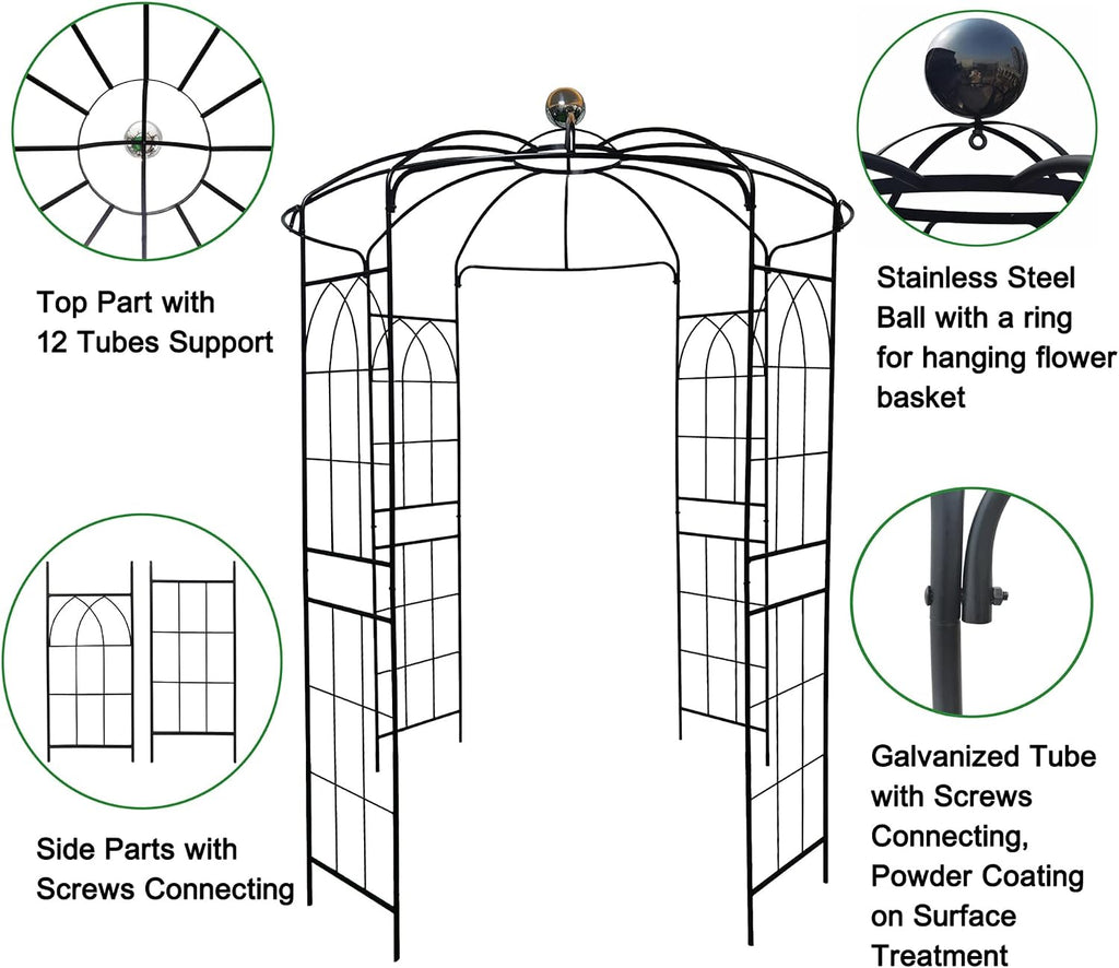 Metal Garden Arch Iron Pergola - 6.8ft Dia x 9.5ft High Birdcage Shape, Outdoor Wedding Ceremony Arbor, Black Iron Pavilion for Garden, Yard, and Patio Decoration