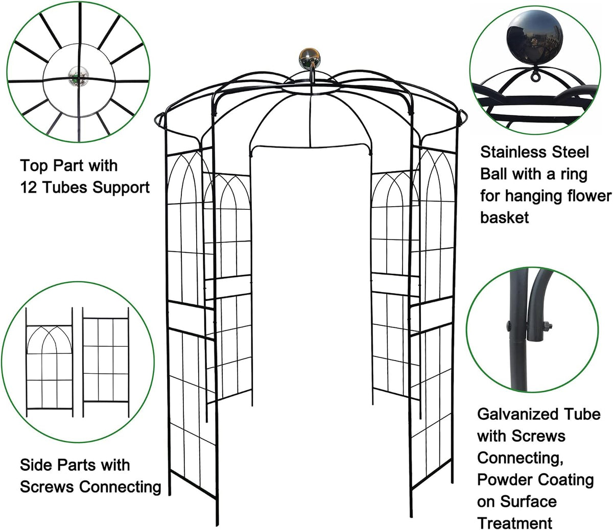 Metal Garden Arch Iron Pergola - 6.8ft Dia x 9.5ft High Birdcage Shape, Outdoor Wedding Ceremony Arbor, Black Iron Pavilion for Garden, Yard, and Patio Decoration