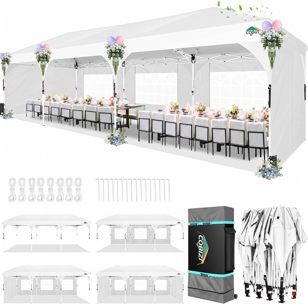 COBIZI 10x30 Pop Up Canopy Tent with Patented Center-Lock, Easy Setup Party Tent with 5 Removable Sidewalls, Wheeled Bag, Ventilated Top, for Wedding Backyard Event, White