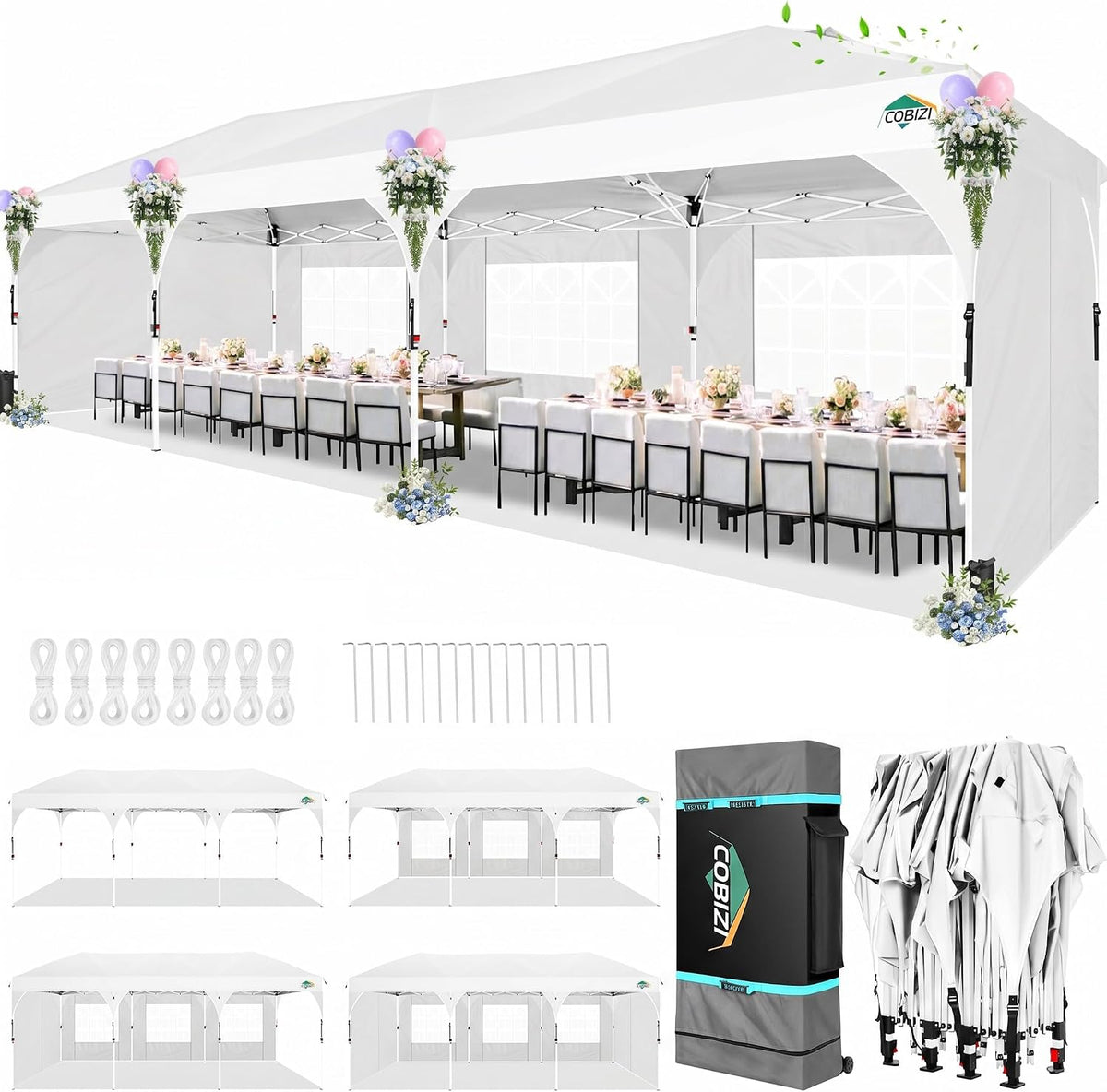 COBIZI 10x30 Pop Up Canopy Tent with Patented Center-Lock, Easy Setup Party Tent with 5 Removable Sidewalls, Wheeled Bag, Ventilated Top, for Wedding Backyard Event, White