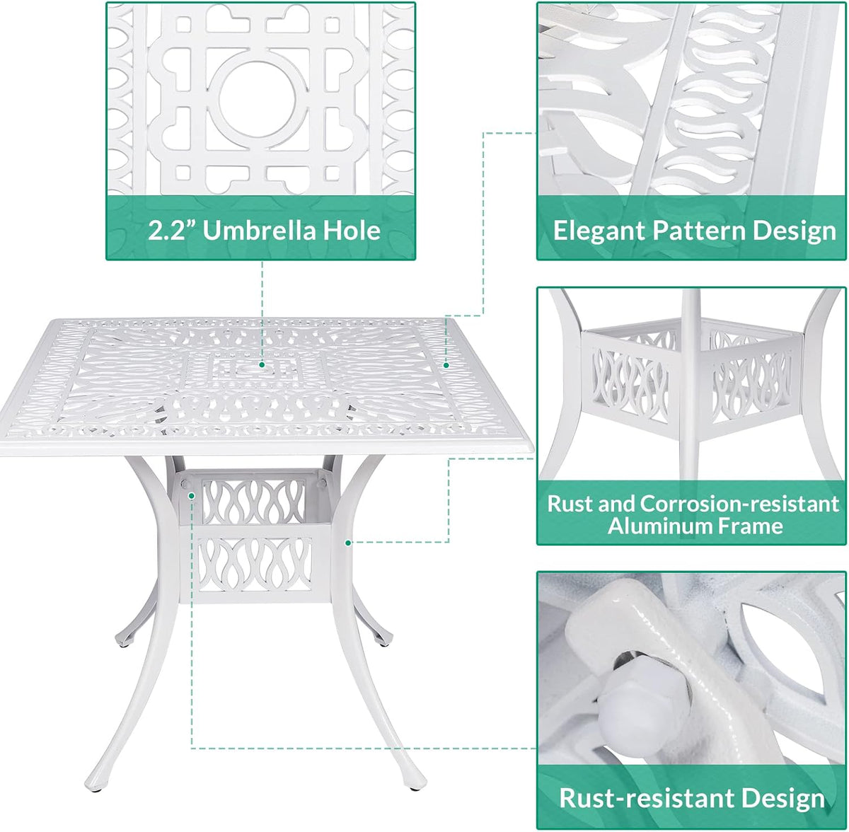 VIVIJASON 5-Piece Patio Furniture Dining Set, All-Weather White Cast Aluminum Outdoor Conversation Set, Include 4 Cushioned Chairs and a 35.4' Square Table w/Umbrella Hole for Balcony Lawn Garden