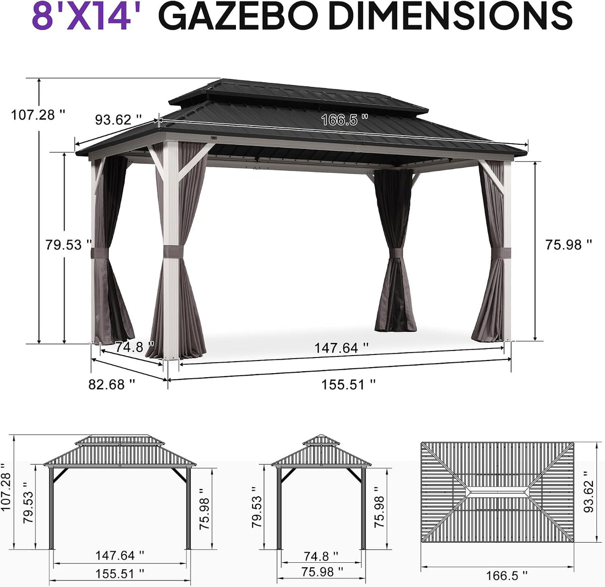 PURPLE LEAF 8' X 14' Hardtop Gazebo Metal Double Roof White Aluminum Frame Outdoor Heavy Duty Gazebo with Curtain and Netting for Patio Garden and Backyard, Grey