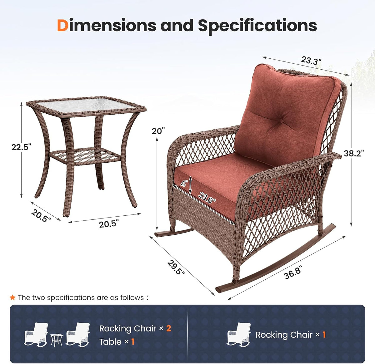 UDPATIO Rocking Chair Outdoor Set 2 with Coffee Table, 3 Piece Wicker Rocking Bistro Set with 4' Water-Resistant Cushions, Oversized, 350lbs Heavy-Duty, for Porch, Patio, Balcony, Brown/Dark Red