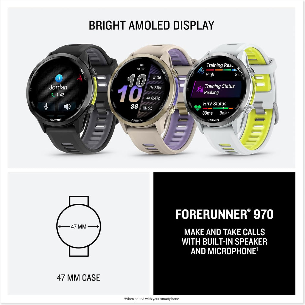 Garmin® Forerunner® 970, Premium GPS Running and Triathlon Smartwatch, AMOLED Display, Built-in LED Flashlight, Titanium with Whitestone Case and Whitestone/Translucent Amp Yellow Band