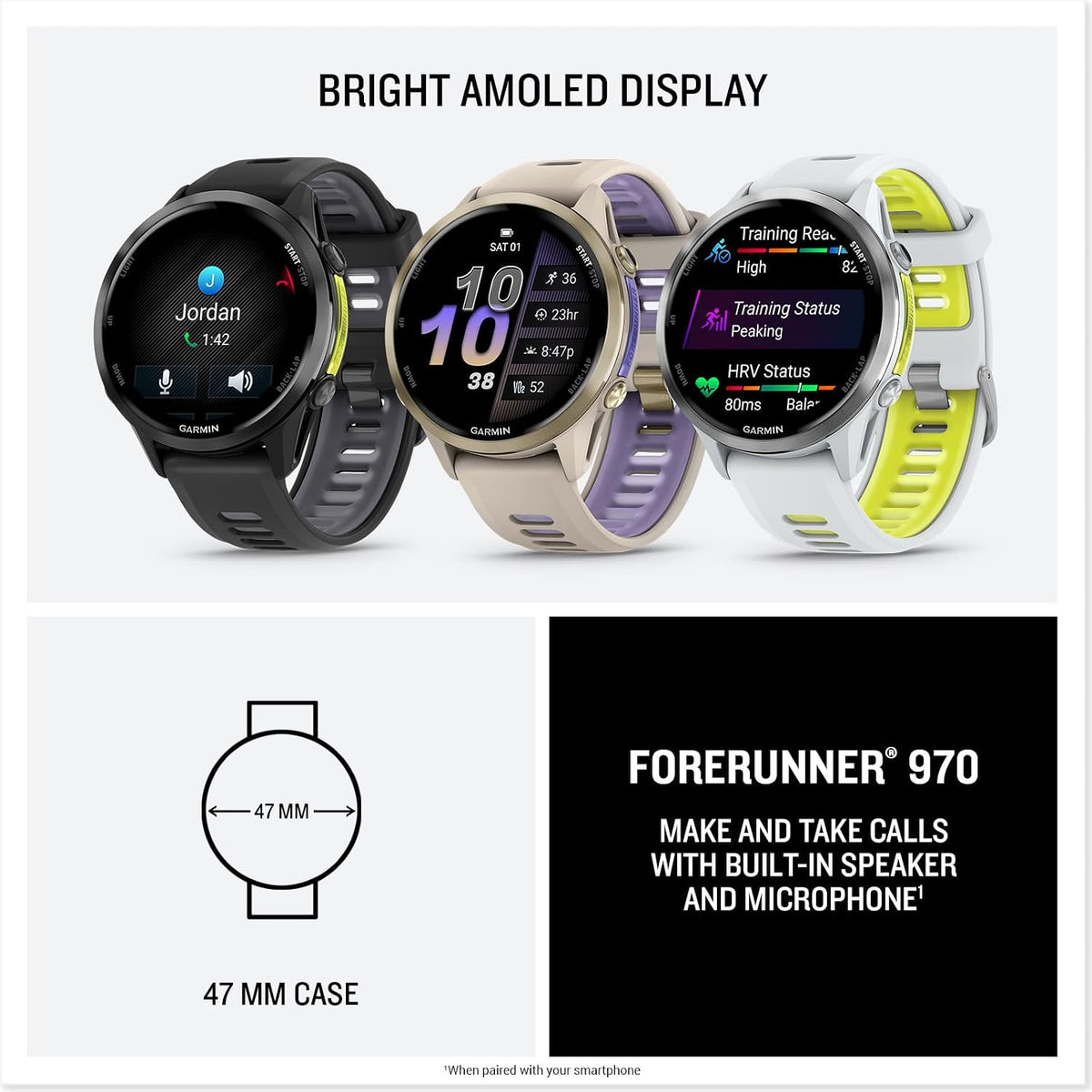 Garmin® Forerunner® 970, Premium GPS Running and Triathlon Smartwatch, AMOLED Display, Built-in LED Flashlight, Titanium with Whitestone Case and Whitestone/Translucent Amp Yellow Band