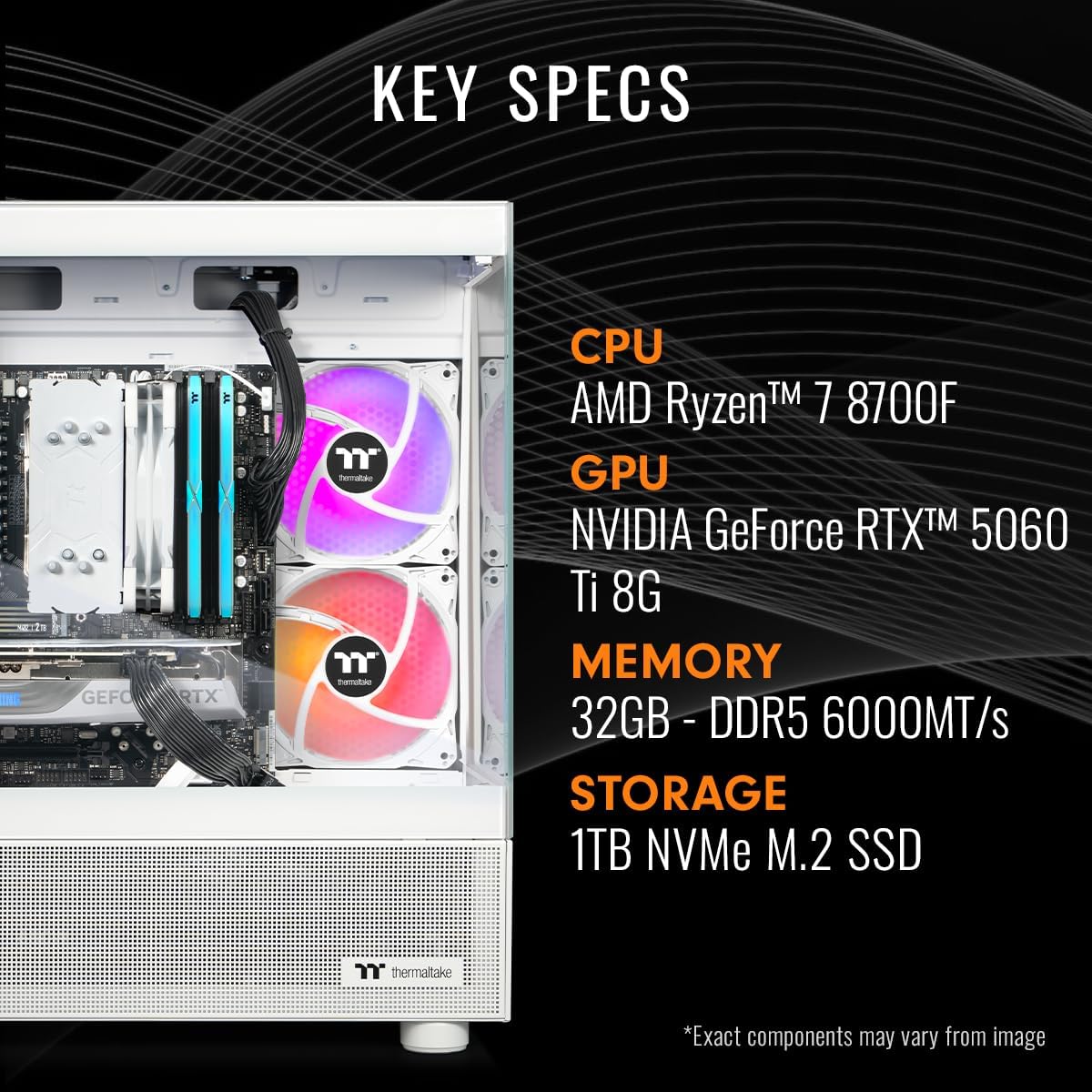 Thermaltake LCGS View 8760TS-170 Gaming Desktop (AMD Ryzen™ 7 8700F, ToughRam 32GB DDR5 6000MT/s RGB Memory, NVIDIA GeForce® RTX 5060 Ti 8G, 1TB NVMe M.2, WiFi, Windows 11) V17S-B850-56T-LCS