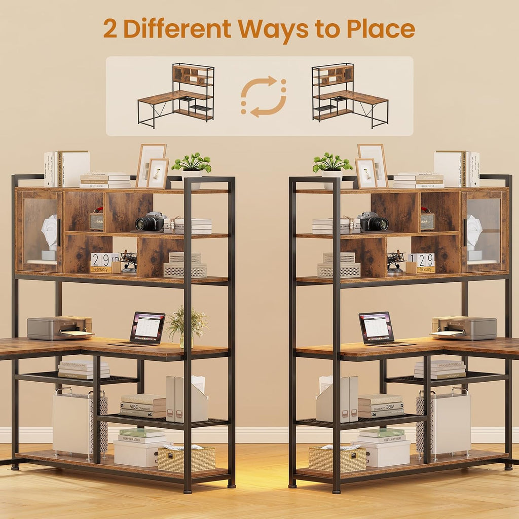 SEDETA L Shaped Computer Desk, 58'' Office Desk with LED Light and Bookshelf, L Shaped Corner Desk with Storage Shelves for Home Office, Gaming Desk, L Desk, Rustic Brown