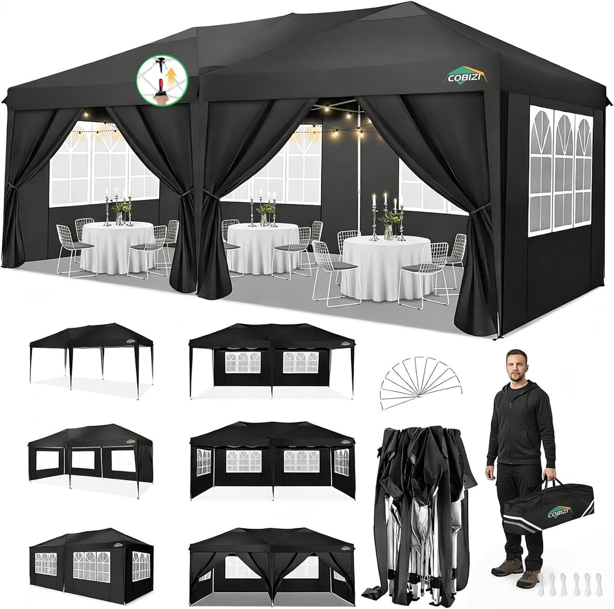 COBIZI Canopy 10x20 Pop Up Canopy with 6 Sidewalls,Waterproof Canopy Outdoor Event Shelter UPF 50+ Gazebo Portable Tents for Parties Beach Camping Wedding Commercial Instant Easy up Canopy 10x20,Black