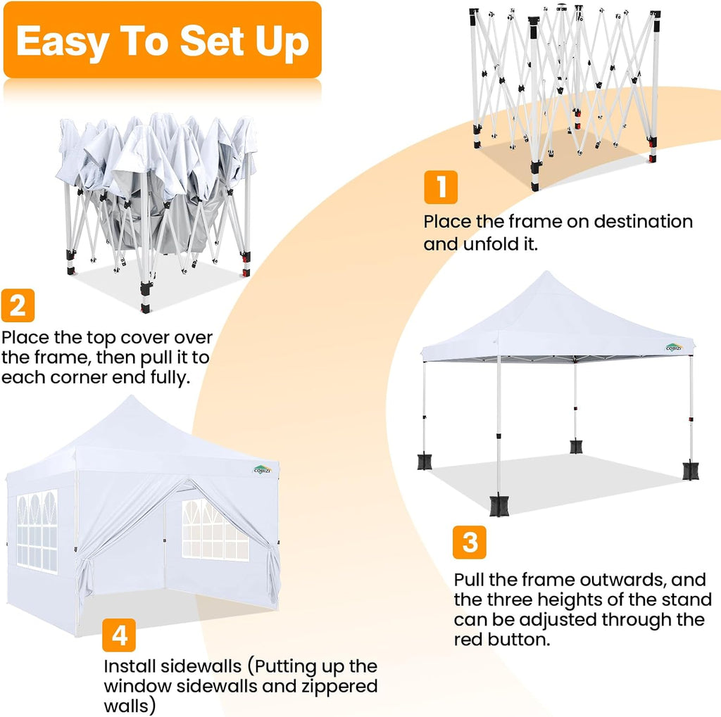 COBIZI 10x10 Pop Up Canopy with 4 Sidewalls, Canopy Tent 10x10 for Parties, Backyard, Commercial, Waterproof and Portable Instant Shelter UV50+ Outdoor Gazebo with 4 Sandbags(White)