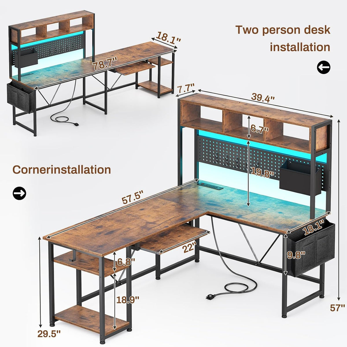 SEDETA L Shaped Gaming Desk with Hutch, 57.5' Reversible Corner Computer Desk with Storage Shelves, Gaming Desk with Pegboard, LED Lights, Power Outlet, Keyboard Tray (Rustic Brown)