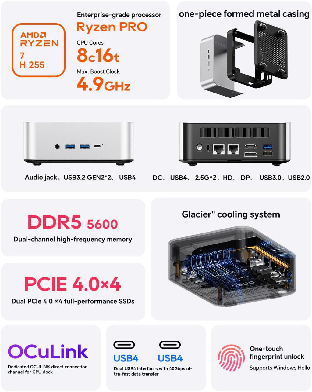 AOOSTAR MACO AMD Ryzen 7 H255 Mini PC(8C/16T, up to 4.9GHz), Support OpenClaw 24GB DDR5 1TB PCIe4.0, Radeon 780M Graphics, Support Four Display, with OCuLink Dual USB4, Dual 2.5G LAN/HDMI/WIFl6