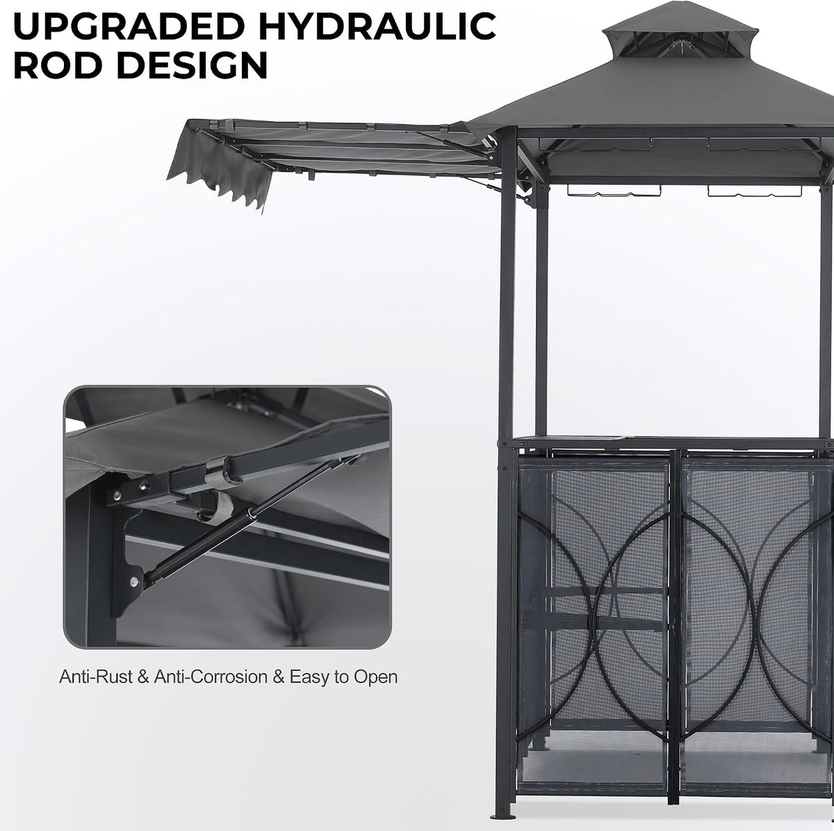 ABCCANOPY Grill Gazebo with Extra Awning - 6.4'x6.8' Outdoor BBQ Canopy with Bar Table and 2 Foldable Chairs, Barbecue with LED Lights for Backyard, Lawn and Patio (Dark Gray)
