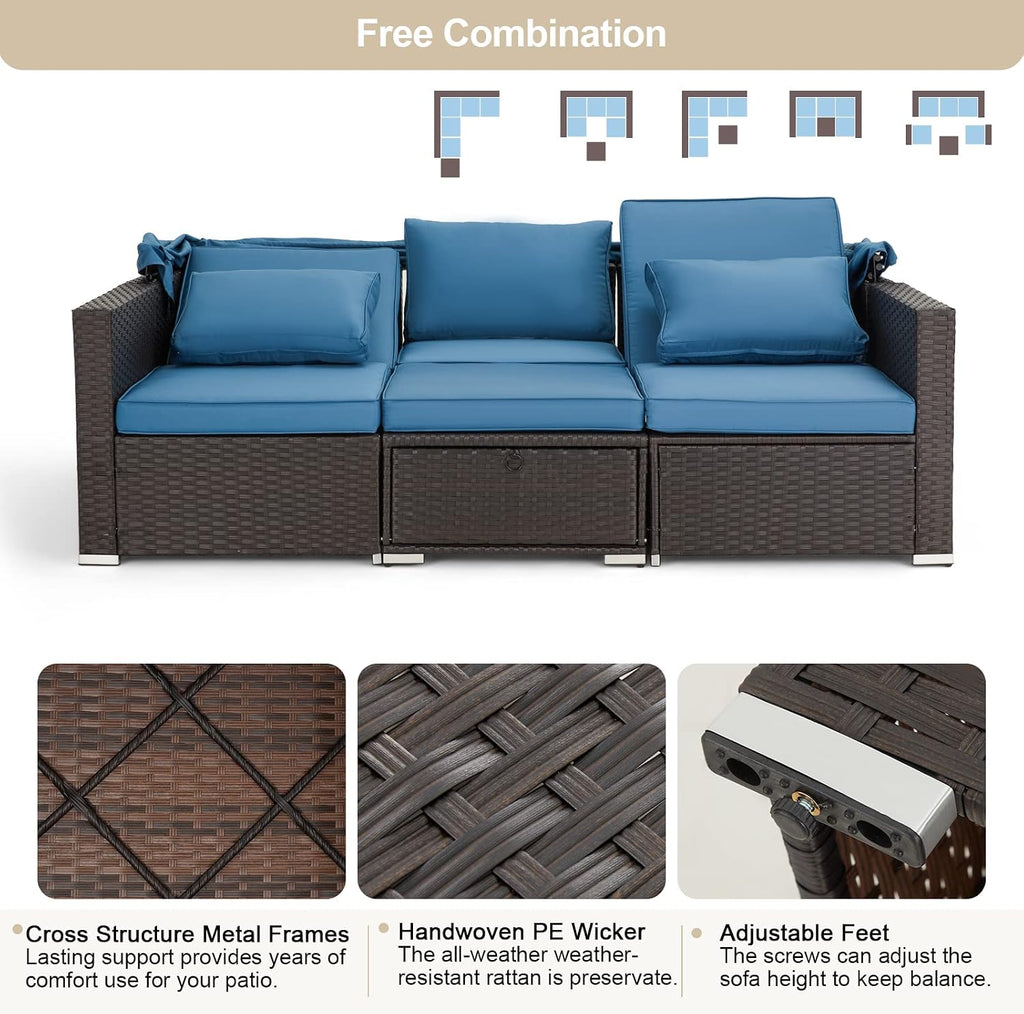 6 Pieces Patio Furniture Sets Outdoor Sectional Sofa Set Rattan Daybed with Retractable Canopy, Adjustable Backrest, Storable Tea Table Rectangle Sunbed for Backyard Garden Poolside(Blue)