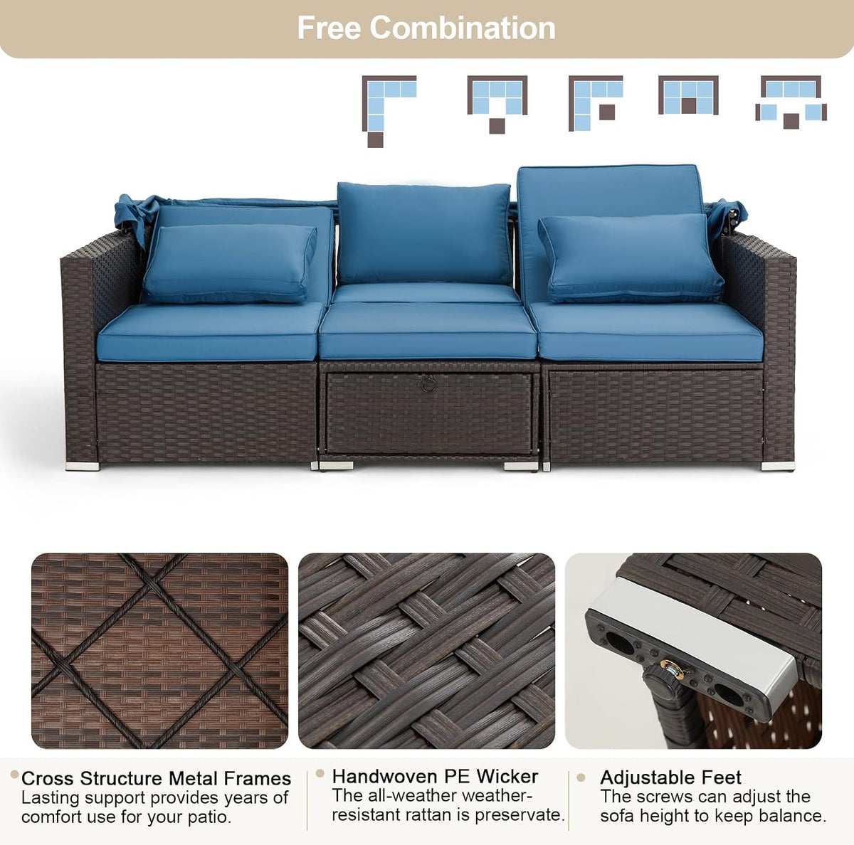 6 Pieces Patio Furniture Sets Outdoor Sectional Sofa Set Rattan Daybed with Retractable Canopy, Adjustable Backrest, Storable Tea Table Rectangle Sunbed for Backyard Garden Poolside(Blue)
