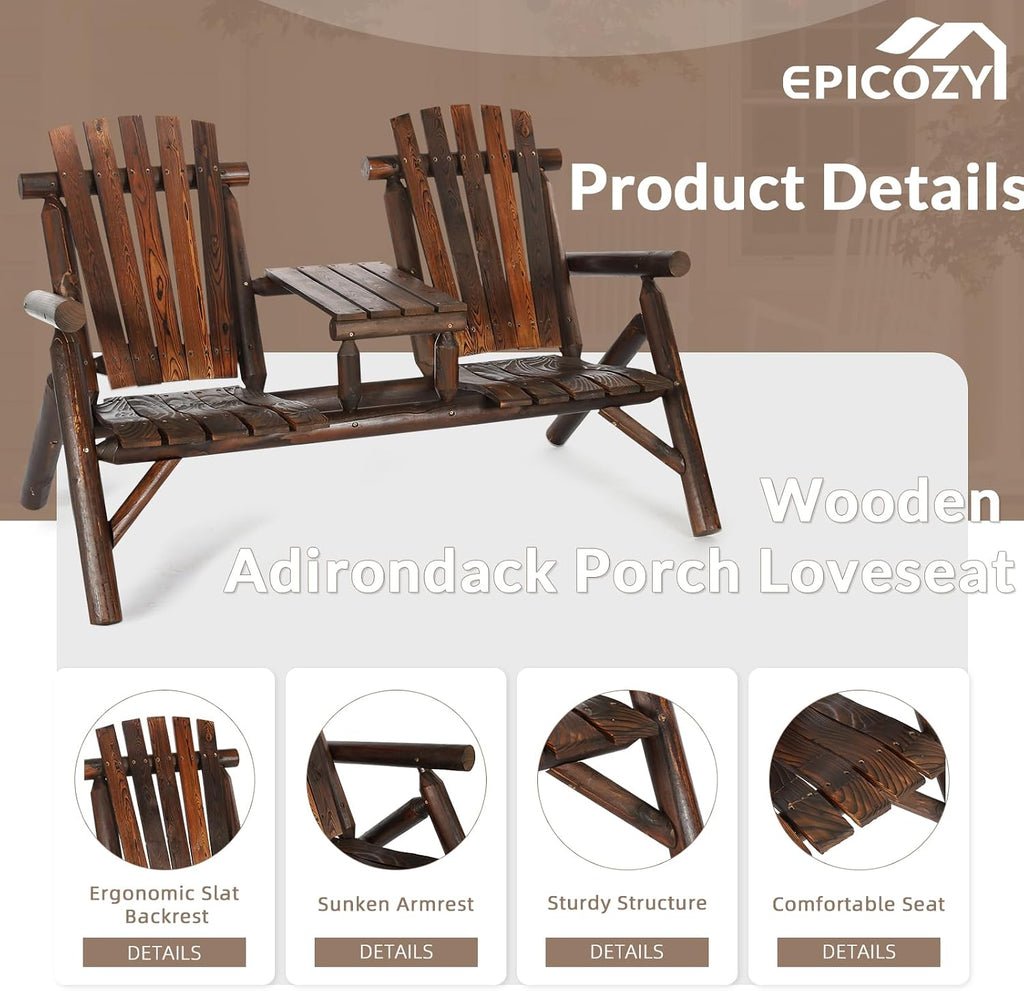 Outdoor 2-Person Wooden Adirondack Bench, Conversation Furniture Set with Patio Rustic Loveseat & Built-in Table, Carbonized Garden Bench Fire Pit Chair for Backyard Porch Pool Deck
