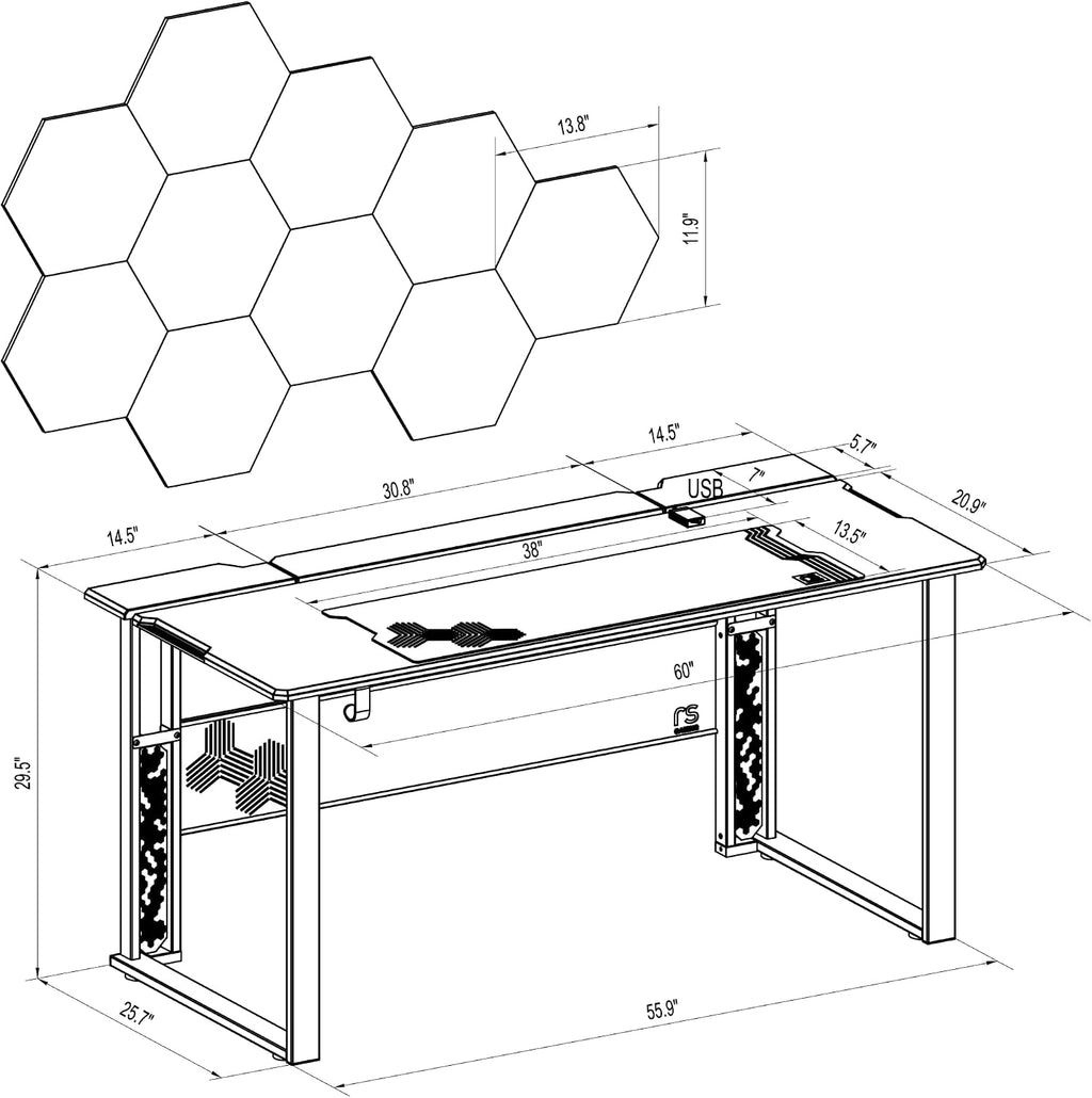 RS Gaming™ Mergence 60'W RGB Gaming Computer Desk With 10 Acoustic Panels, Black
