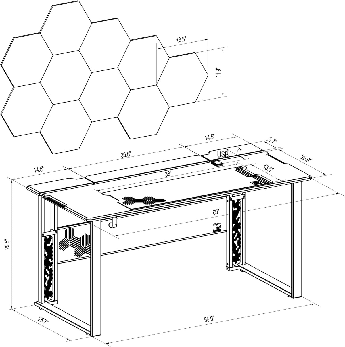 RS Gaming™ Mergence 60'W RGB Gaming Computer Desk With 10 Acoustic Panels, Black