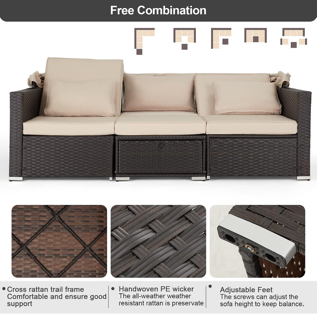 6 Pieces Patio Furniture Sets Outdoor Sectional Sofa Set Rattan Daybed with Retractable Canopy, Adjustable Backrest, Storable Tea Table Rectangle Sunbed for Backyard Garden Poolside(Khaki)