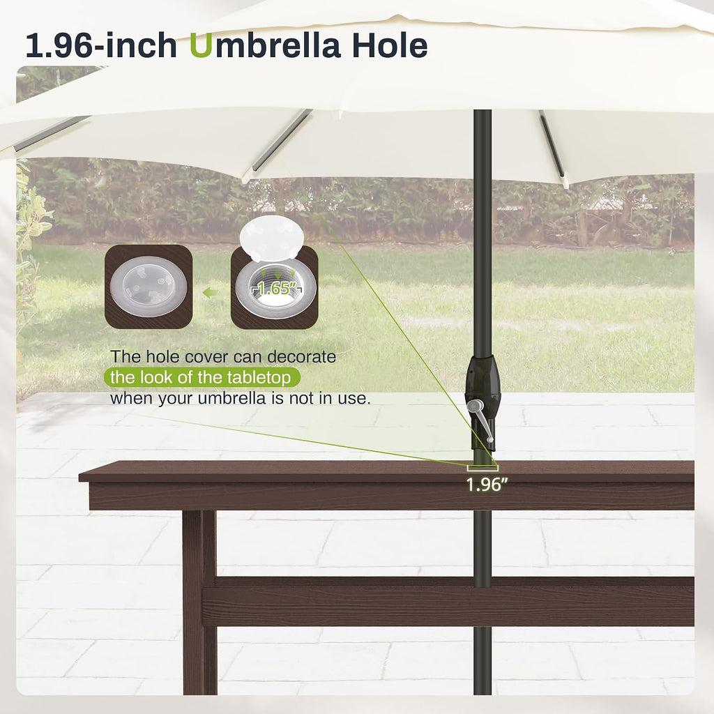 7 Piece Outdoor Dining Set, HDPS Patio Table and Chairs Set, 66' Patio Table with 1.96' Umbrella Hole & 6 Chairs, All Weather Furniture for Garden, Backyard, Poolside (Coffee Brown)