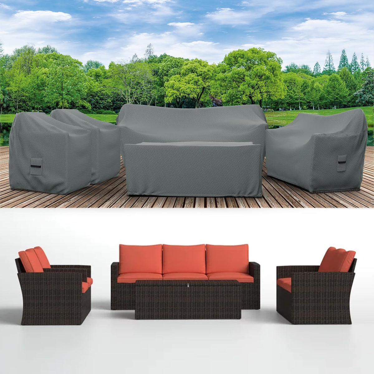 Covers & All Patio Furniture Cover Set, 5 Piece Outdoor Furniture Covers, Water-Repellent UV & Weather-Resistant Covers for Sofa, Loveseat, Chairs & Coffee Table with Elastic & Padded Handles