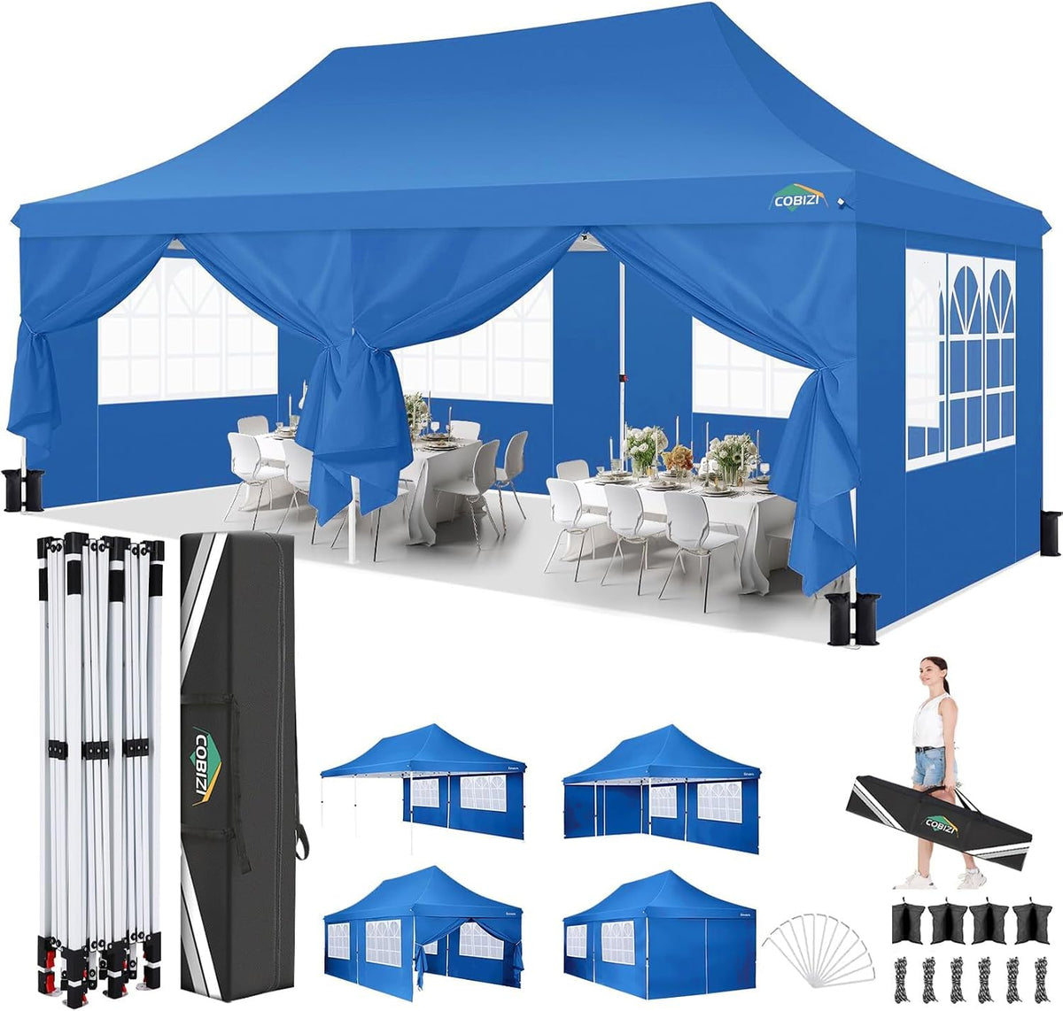 COBIZI 10x20 Pop Up Canopy with 6 Sidewalls, Conical Party Tent 10x20 with 3 Adjustable Height Waterproof, UV-Resistant with Carry Bag, Sandbag, Stake, Ropes for Parties, Commercial (Frame Upgraded)
