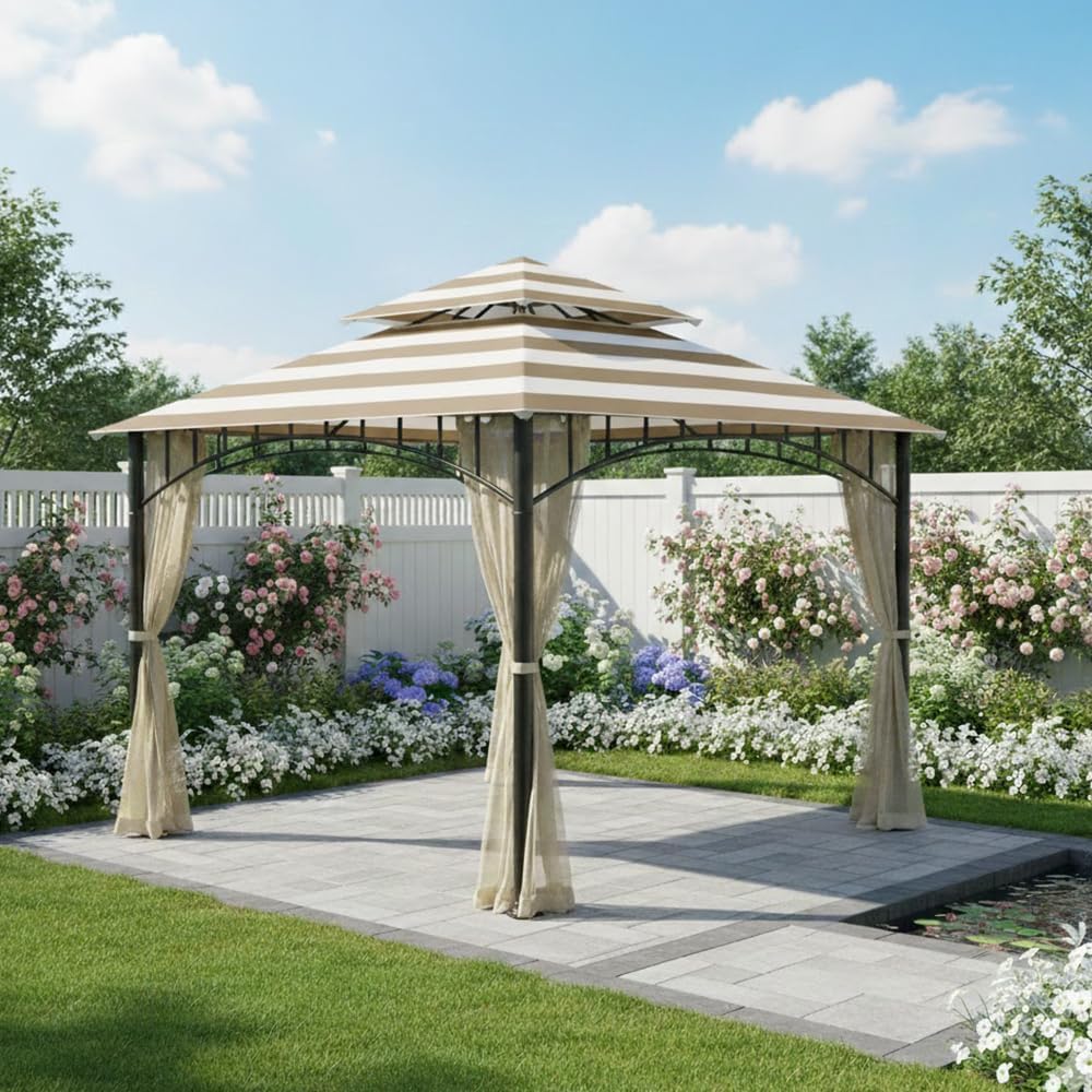 Garden Winds Durable 350 Replacement Canopy Top Compatible with Madaga 10' x 10' Gazebo Models L-GZ136PST, L-GZ136PST-7, L-GZ136PST-2 - Cabana Beige