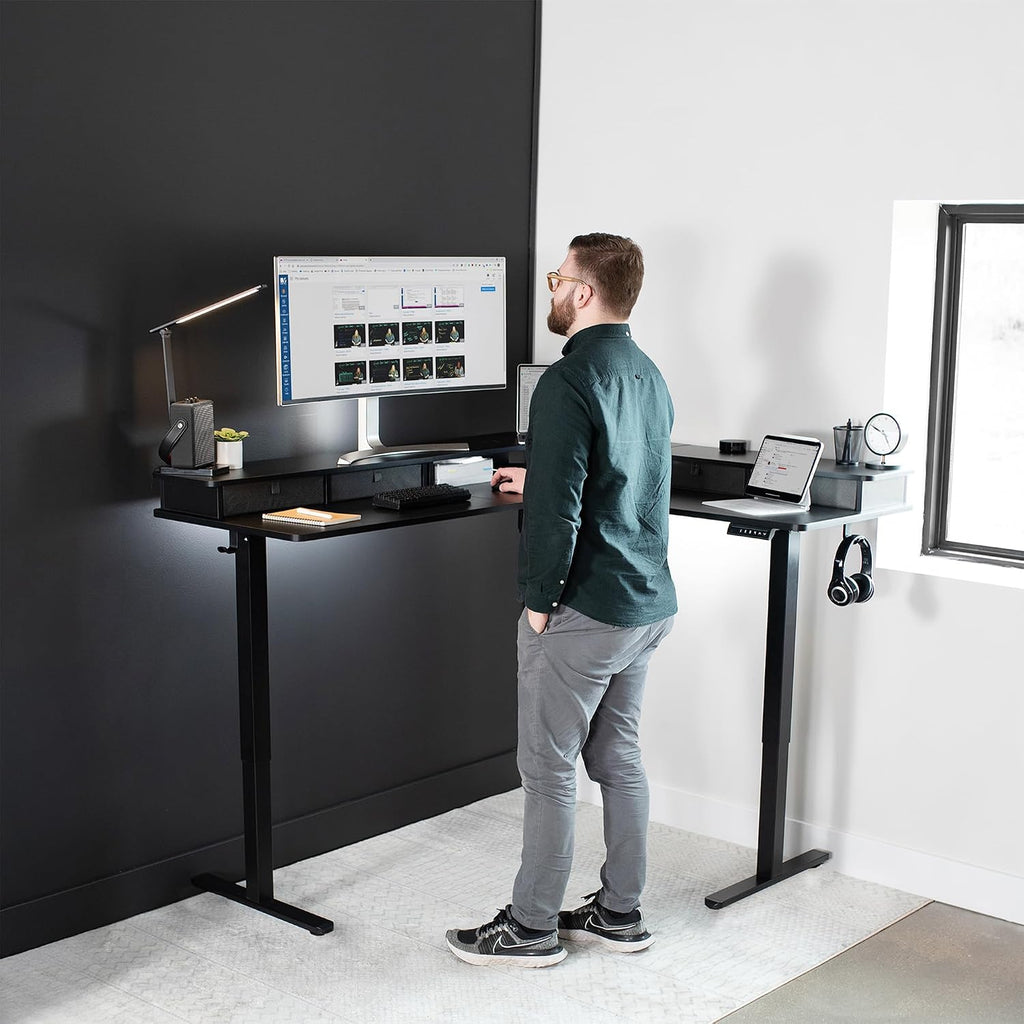 VIVO Electric 2-Tier Corner L-Shaped 63 x 55 inch Standing Desk, Height Adjustable, Memory Controller, Black Top Black Frame, Dark Gray Drawers, DESK-E3CVB