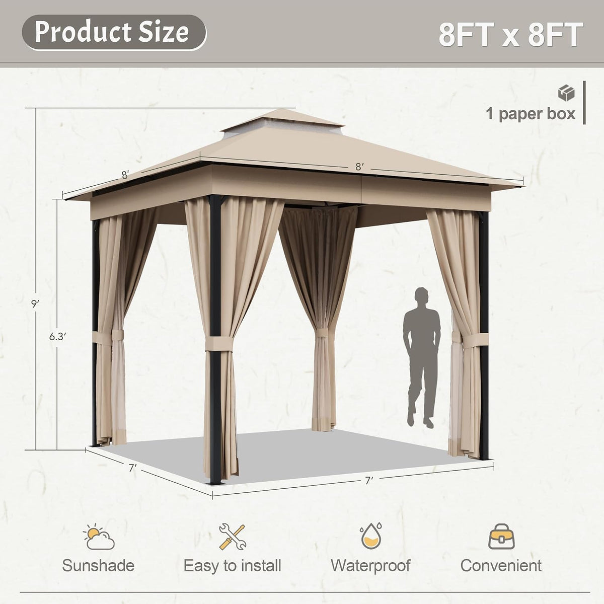 Devoko Outdoor Gazebo for Patio 8'x 8' Heavy Duty Metal Frame Canopy with Expansion Bolts & Double Roofs, Party Tent & Shelter with Mosquito Nettings and Privacy Screen for Backyard, Garden (Khaki)