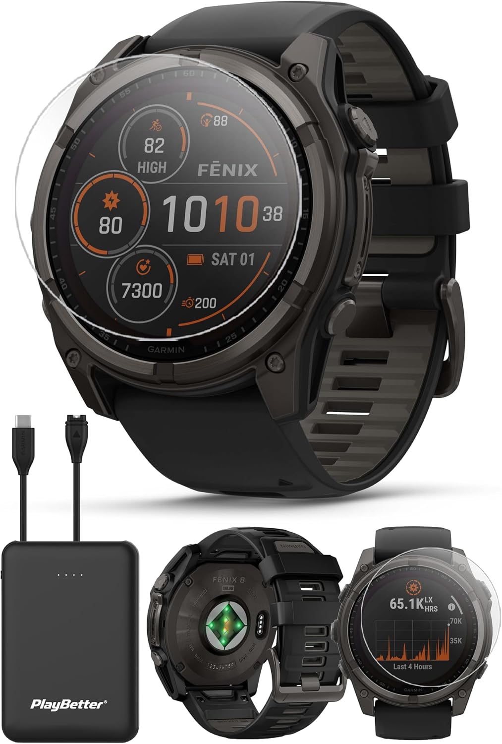 PlayBetter Garmin Fenix 8 Solar Sapphire (51mm, Carbon Gray DLC Titanium) Multisport GPS Smartwatch Bundle - 1.4' Touchscreen, Built-in LED Flashlight Portable & Screen Protectors