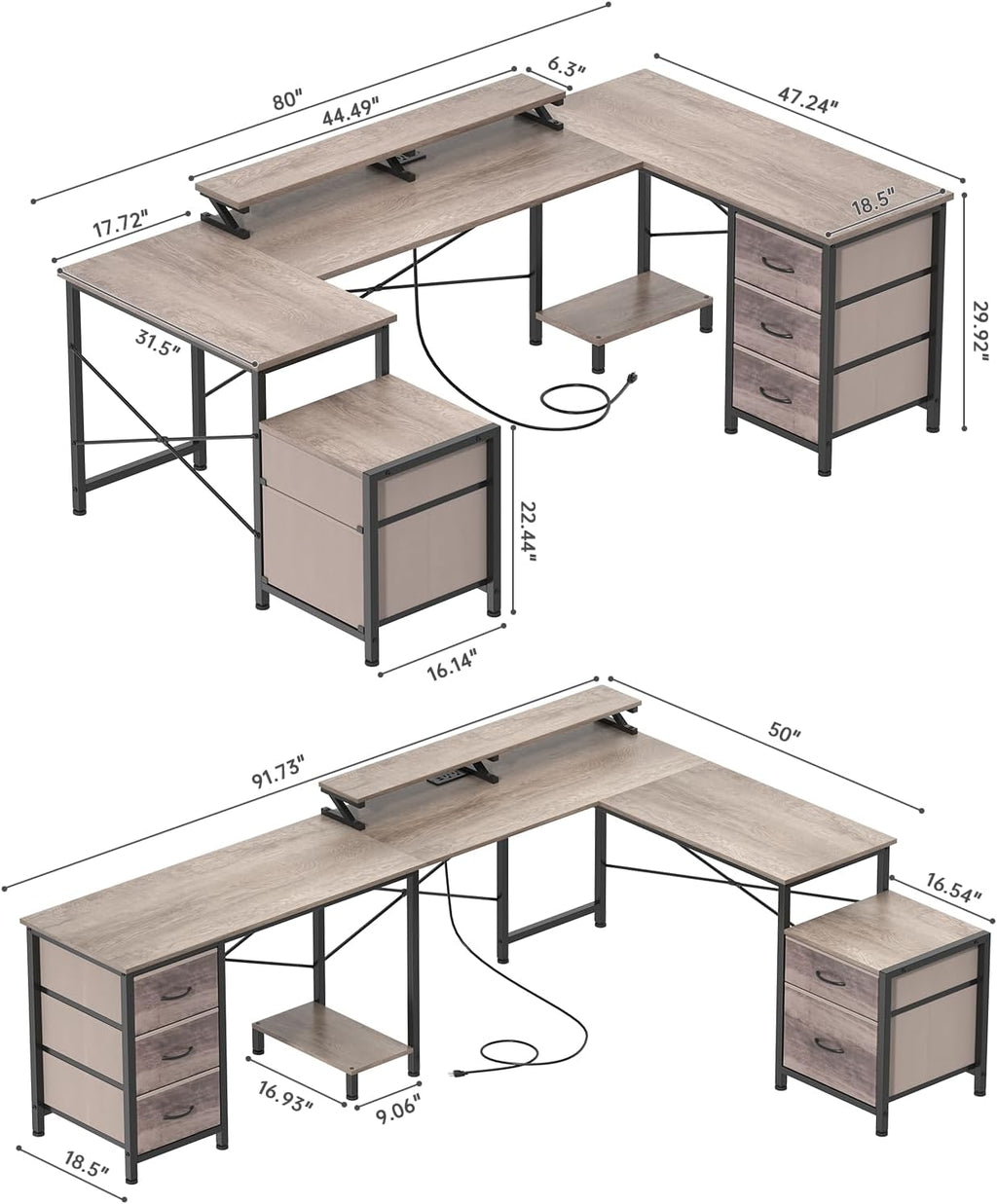 U Shaped Gaming Desk, Reversible L Shaped Computer Office Desk with Fabric Drawers, Monitor Stand, LED Lights, Corner Gamer Desk Table with Power Outlets & USB Ports, Grey