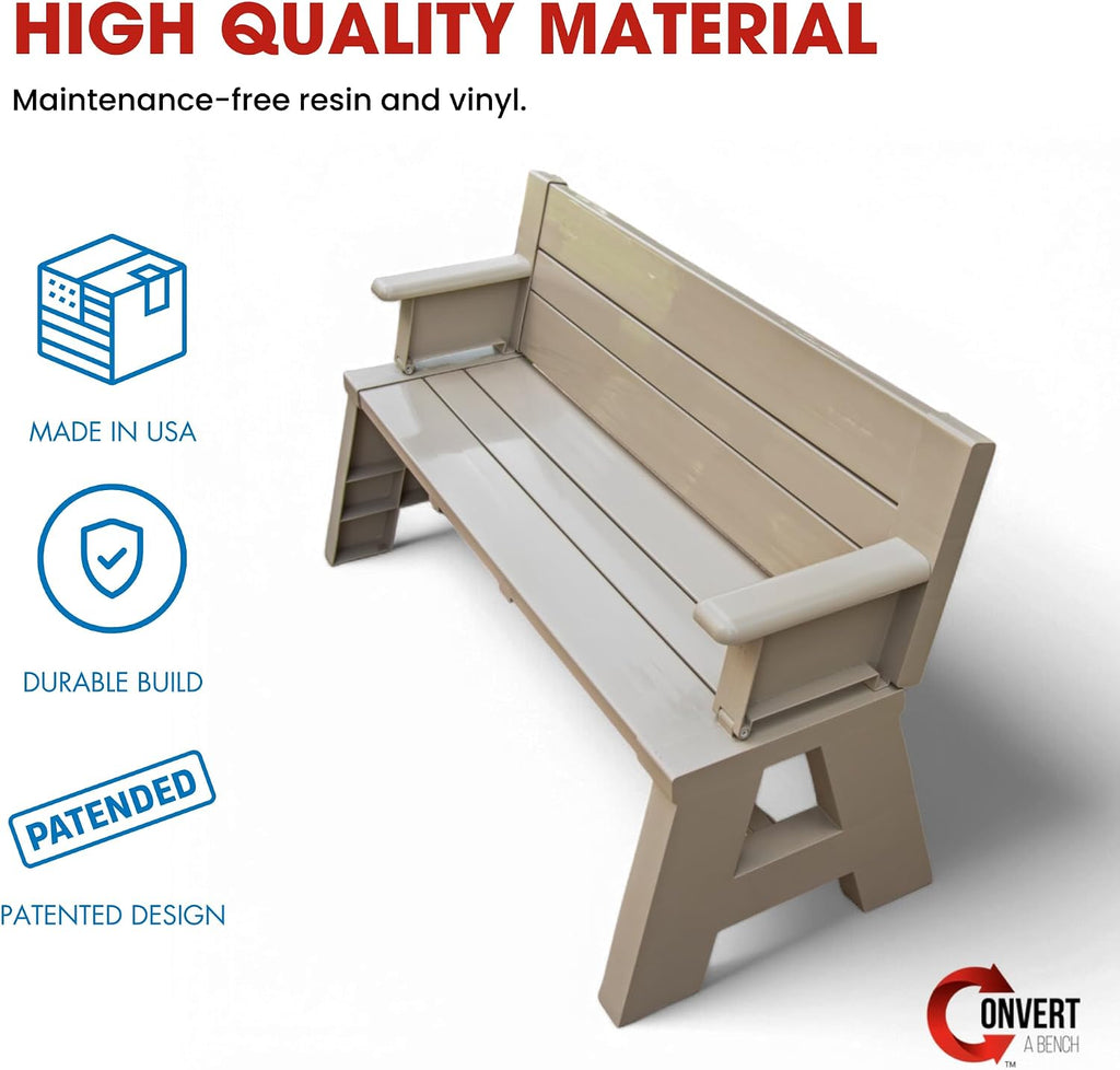 Convert-a-Bench Gen 1 2-in-1 Outdoor Convertible Bench to Picnic Table | Space-Saving, Weather-Resistant Patio Furniture for Yard, Deck, Garden | Easy Assembly & Durable Design - 1 Bench/Order, Adobe
