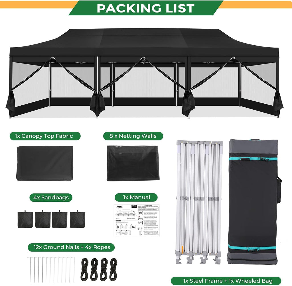 COBIZI 10x30 Heavy Duty Pop Up Canopy Tent with 8 Sidewalls, Easy Set Up Outdoor Waterproof Screen Commercial Party Tent with Mosquito Netting for Parties Backyard Patio, Roller Bag, Black