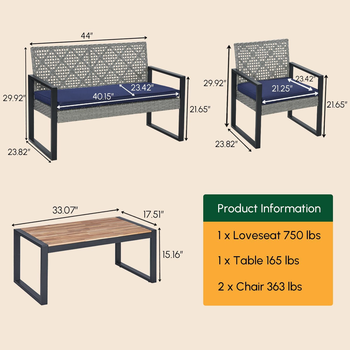 BEEFURNI Wicker Patio Furniture Outdoor Conversation Set of 4, Rattan Outdoor Furniture Set, Acacia Wood Table, 2 Chairs, 1 Loveseat, 2' Cushions, All Weather Set for Patio, Porch, Balcony (Gray)