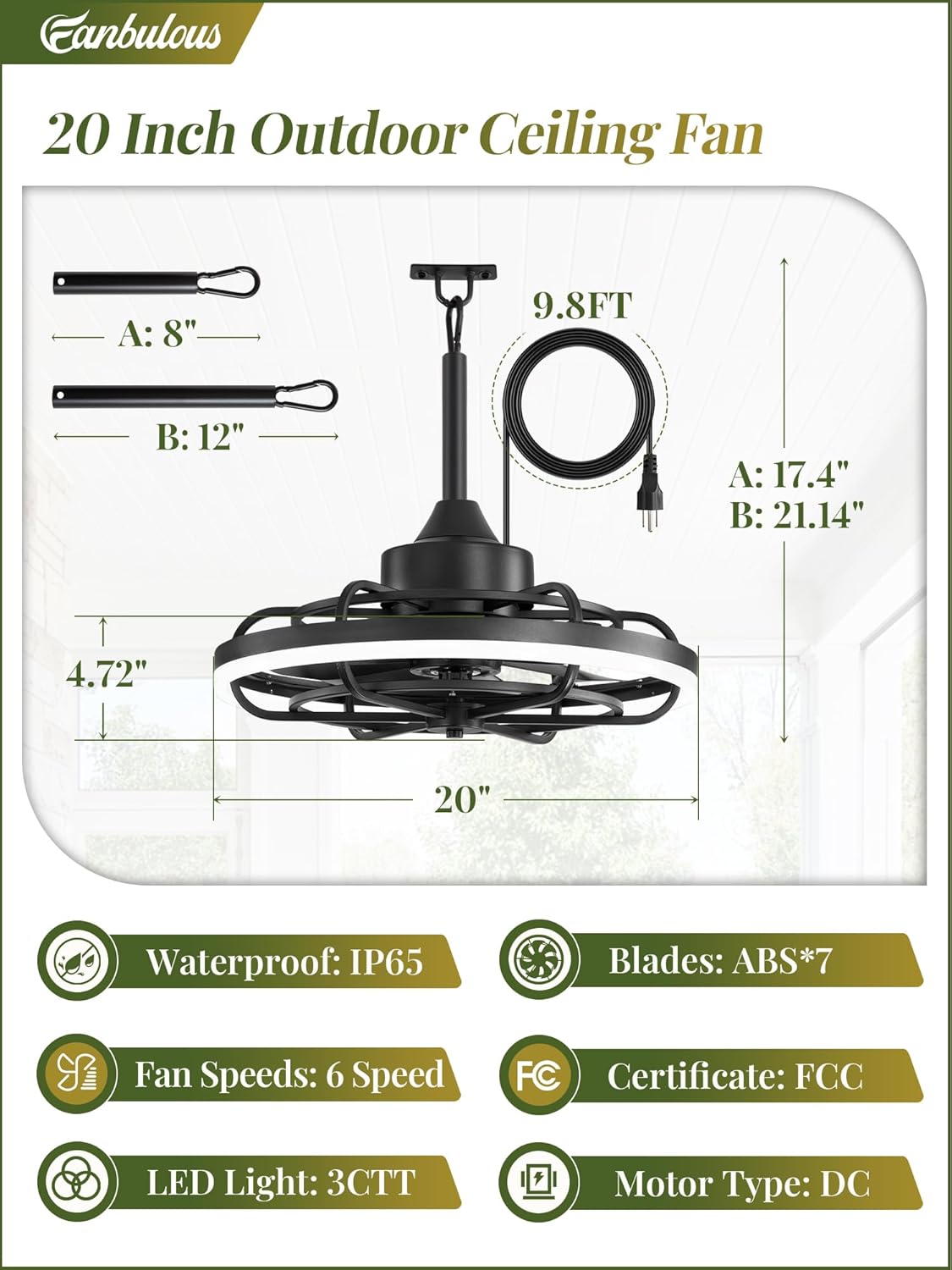 Fanbulous Outdoor Ceiling Fans with Light for Patios, 20' Weatherproof Plug in Ceiling Fan, Gazebo Fan Remote&APP Control, 3CCT Dimmable,Caged Ceiling Fan with Hanging Hook for Porch, Pergola,Canopy