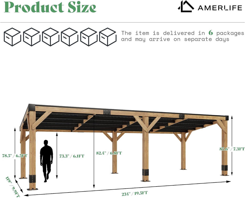 AMERLIFE 10 x 20 FT Spruce Wood Hardtop Gazebo with Sloped Galvanized Steel Roof, Heavy Duty Outdoor Pergola with Bar Shelf for Grill, BBQ, Patio, Backyard, Garden