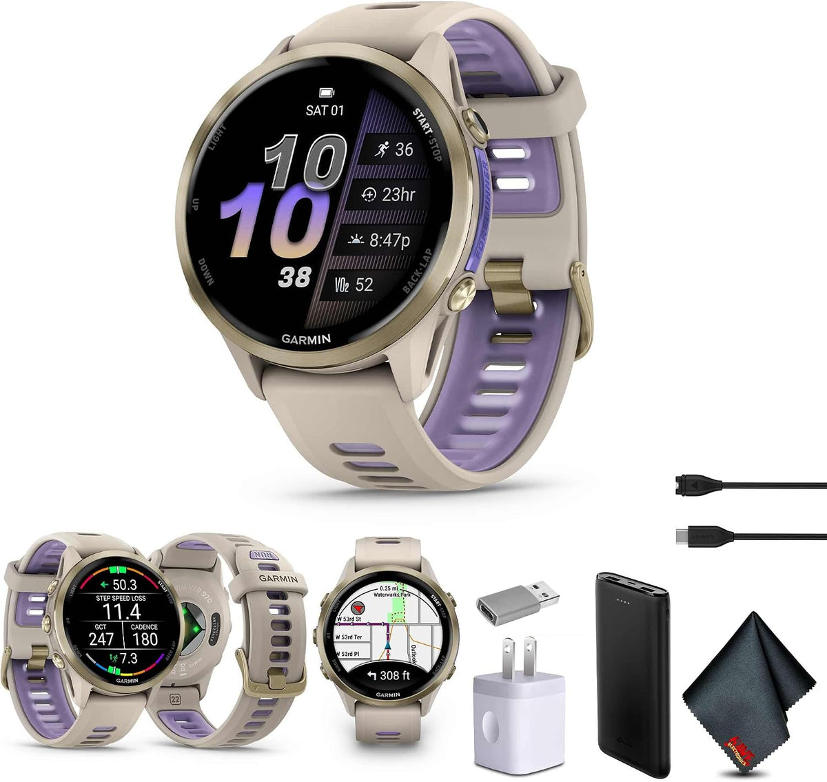 Garmin Forerunner 970 Running Smartwatch, GPS Fitness Smart Watch for Men and Women, Soft Gold Titanium with French Gray Case and French Gray/Translucent Indigo Band Bundle with P-Bank + More