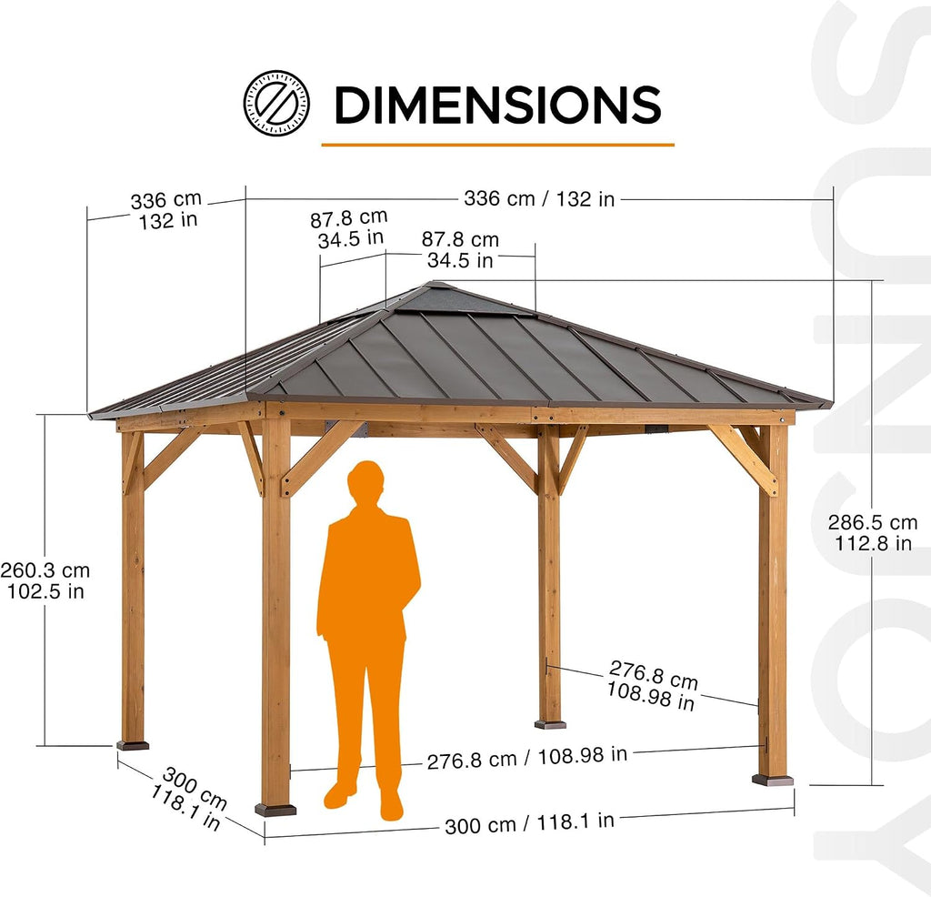 Sunjoy Hardtop Gazebo 11 x 11 ft. Cedar Framed Wood Gazebo with Brown Steel and Polycarbonate Hip Roof Hardtop for Garden, Backyard Shade